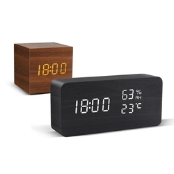 Despertador led de madeira com controle de voz digital